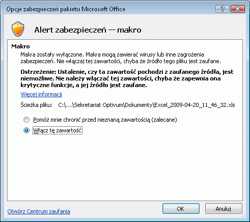 Opcje zabezpieczen pakietu Microsoft Oficce
